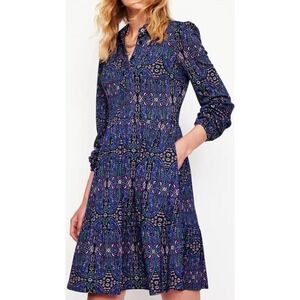 Boden Women Navy Blue Paisley Tiered Jersey Shirt Dress US 10R Long Sleeve